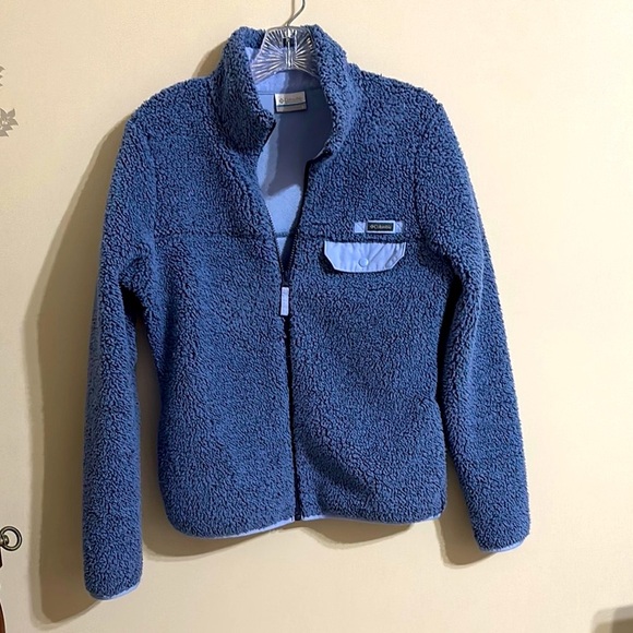 Columbia Blue Sherpa Fleece Full Zip Logo Pocket Chunky Fabric‎ Women's Small - Picture 1 of 5